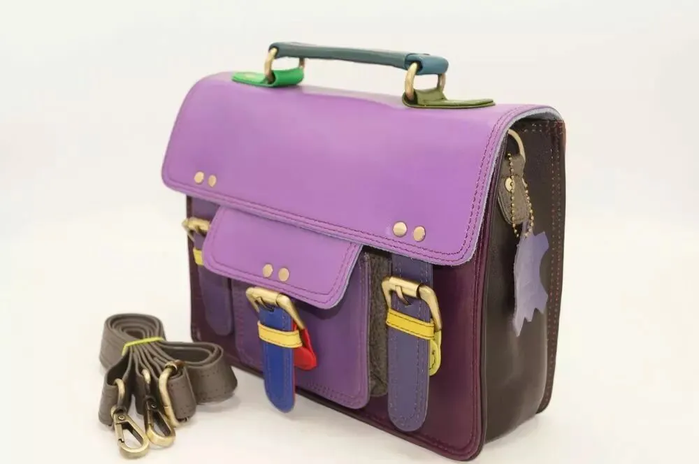 Petit cartable cuir, sac à main violet unique