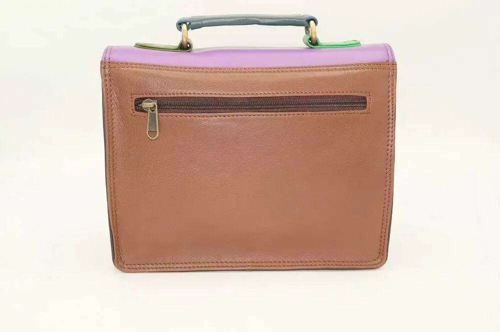 Petit cartable cuir, sac à main violet unique