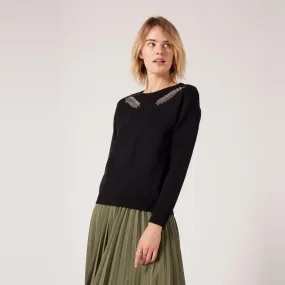 Pull détails plumes noir en viscose | 3 Suisses