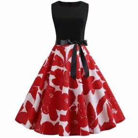 Robe vintage Noire & Blanche à Fleurs Rouges