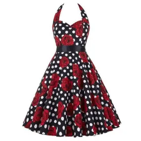 Robe vintage Noire à Pois Blancs & Fleurs Rouges