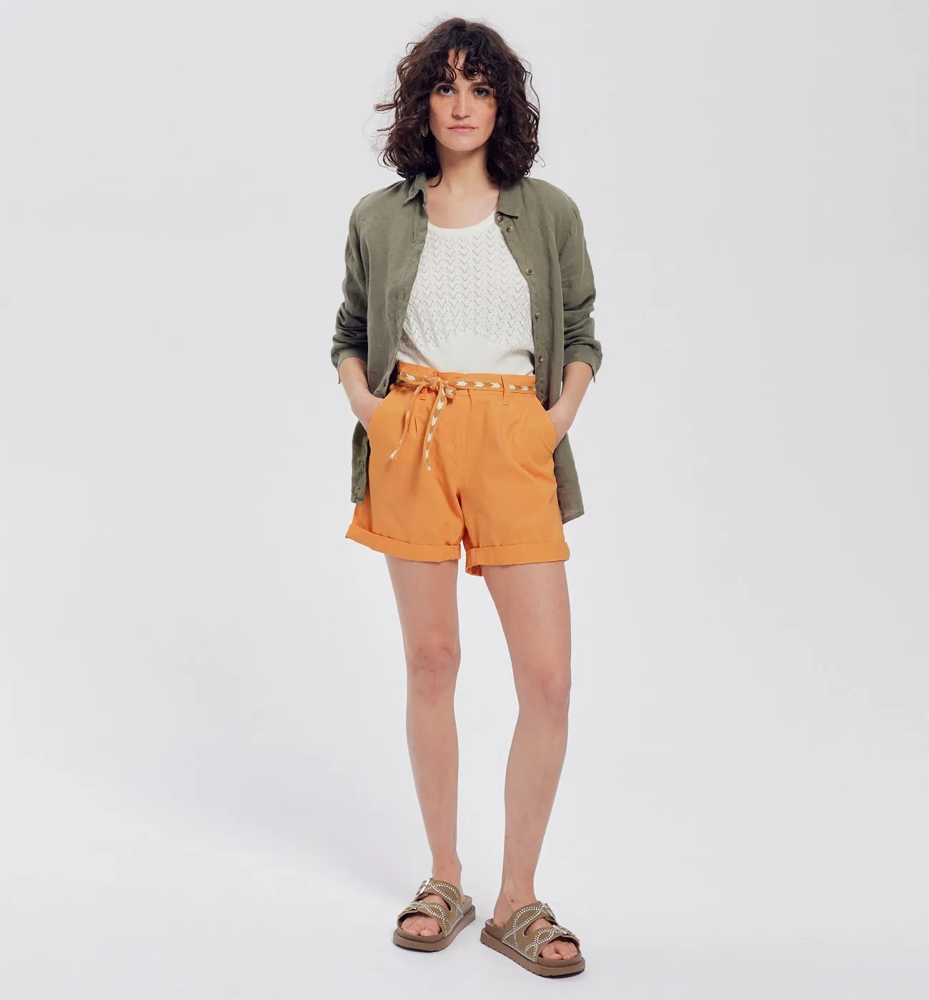 Short en toile + ceinture - Orange